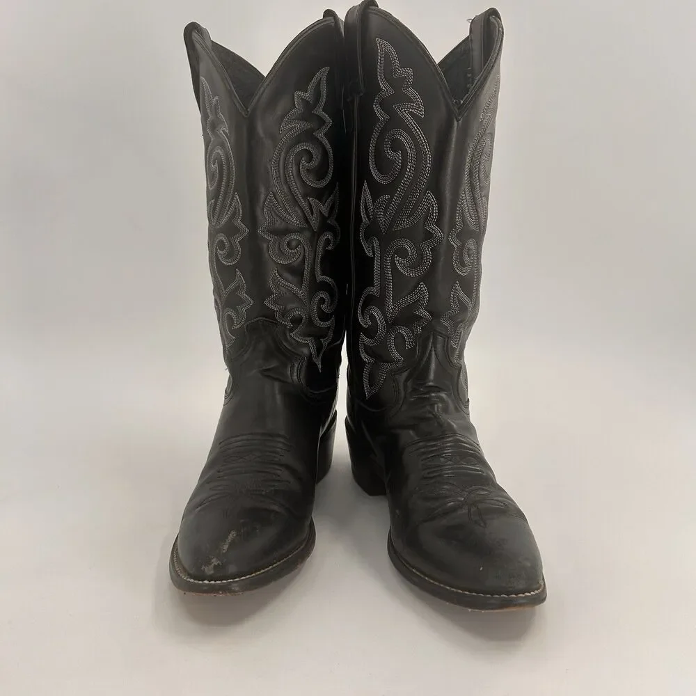 Justin Cowboy Boots 8.5 D Black Leather Western Scroll Stitch 1409 Pointed Toe